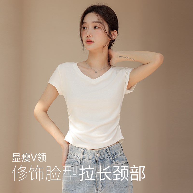 速发黑色v领t恤2025年夏季新款露锁骨正肩短款辣妹上衣