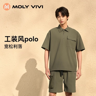休闲翻领短袖 夏季 运动半袖 T恤 宽松衬衫 风男士 MOLYVIVI工装 polo衫