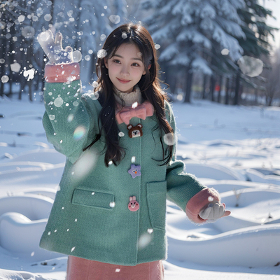 多巴胺毛呢可爱套装穿搭2025秋冬季蝴蝶结拼接外套女韩版宽松百搭