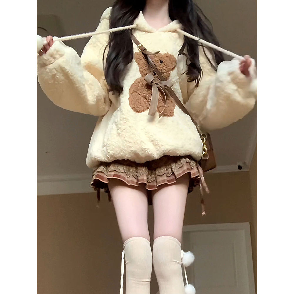 饼干小熊 冬装甜美风连帽卫衣外套美拉德高级感半身裙显瘦两件套