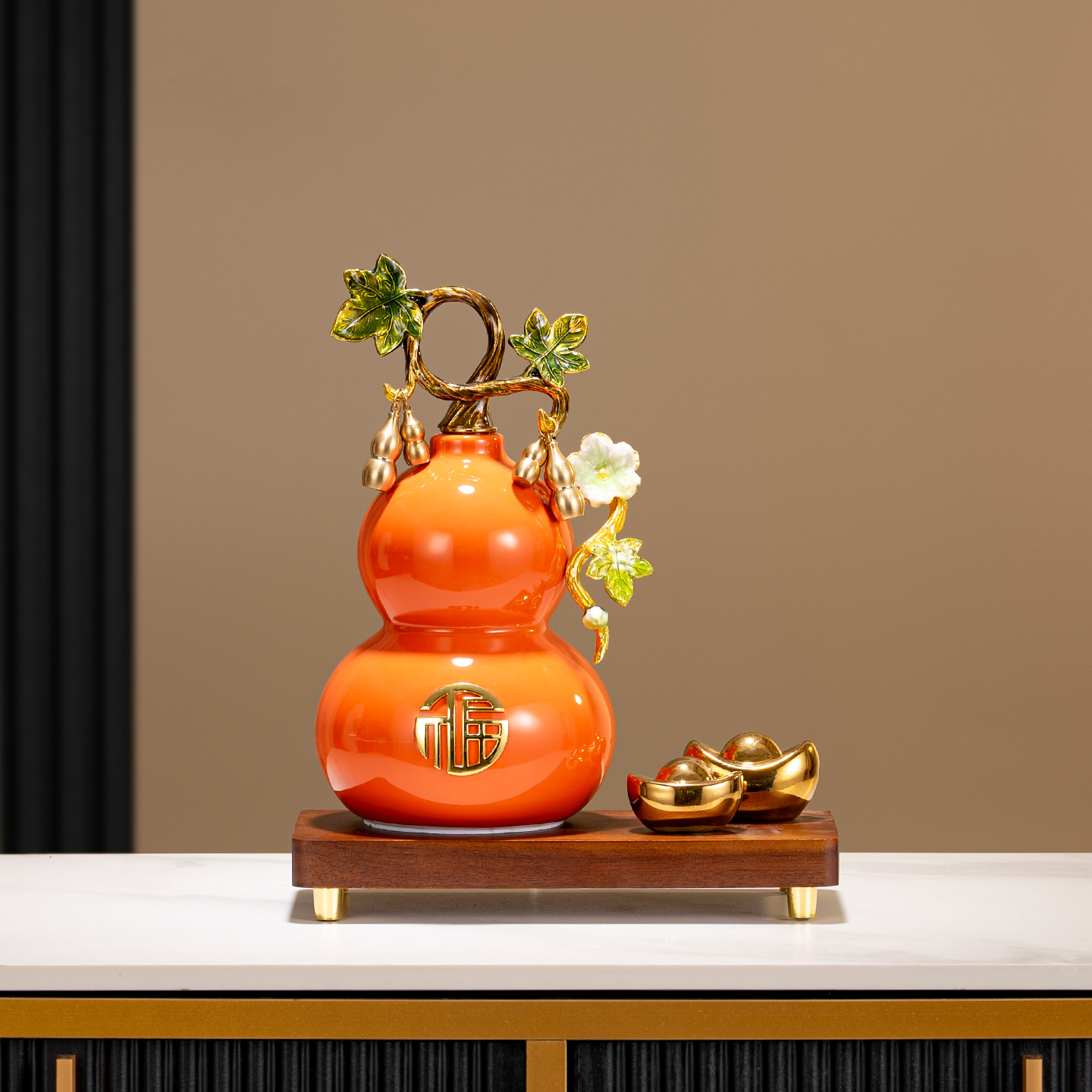 新中式五福临门陶瓷葫芦招财摆件