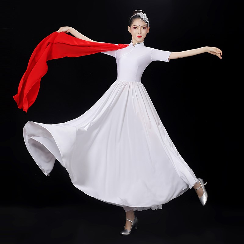 好货现代舞蹈演出服女白色大合唱红歌服装舞台长裙开场舞歌伴舞大