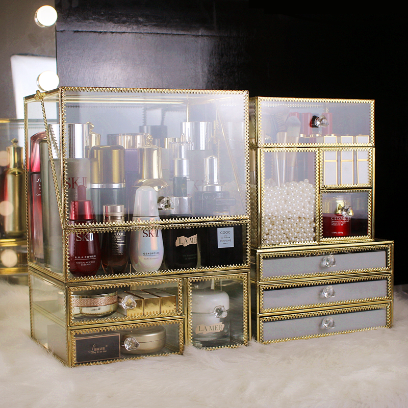 超大号玻璃化妆品收纳盒匠造防尘翻盖护肤桌面整理方形置物架复古