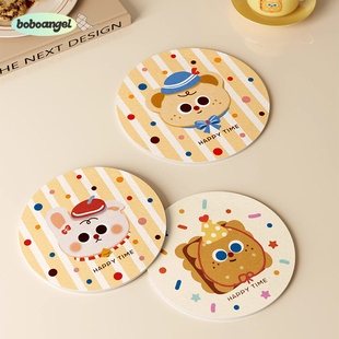 小熊饼干圆形可爱格子杯垫隔热垫吸水垫防滑垫网红同款卡通杯垫