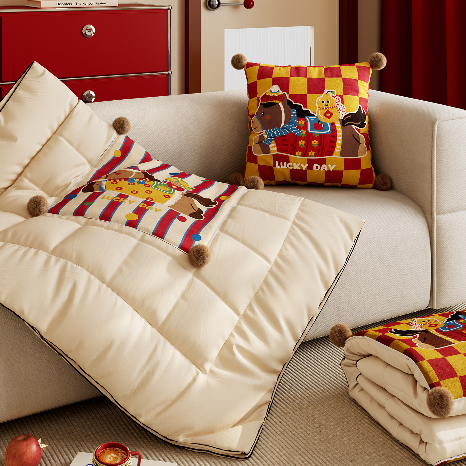 马年新年抱枕被子两用加厚汽车载办公室多功能空调折叠毯子二合一,居家布艺,抱枕被,淘宝优惠券,粉丝福利购,淘宝优惠卷