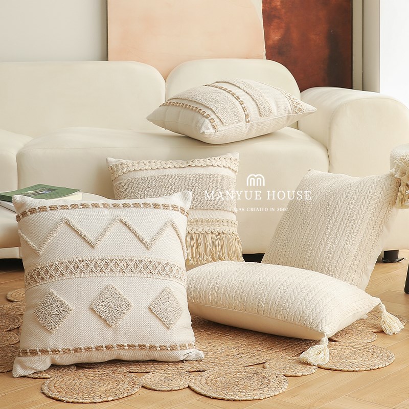 蔓越家 侘寂风棉麻沙发抱枕床y头靠垫样板间圈绒腰靠枕抱枕套含芯
