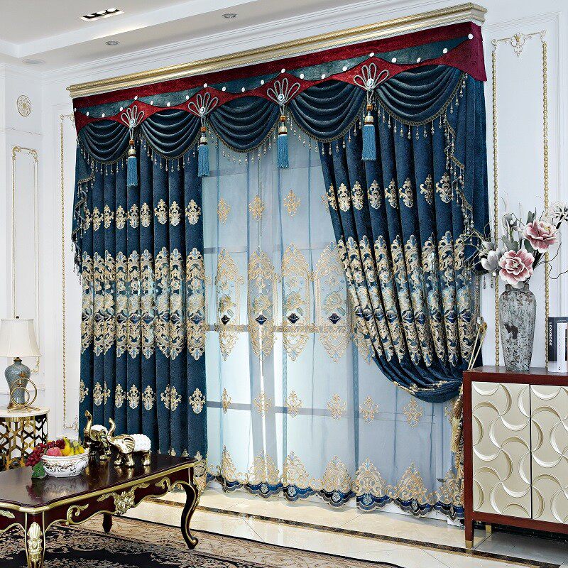 2021年新f款美式流行刺绣镂空绣花窗帘成品卧室客厅高档大气送轨