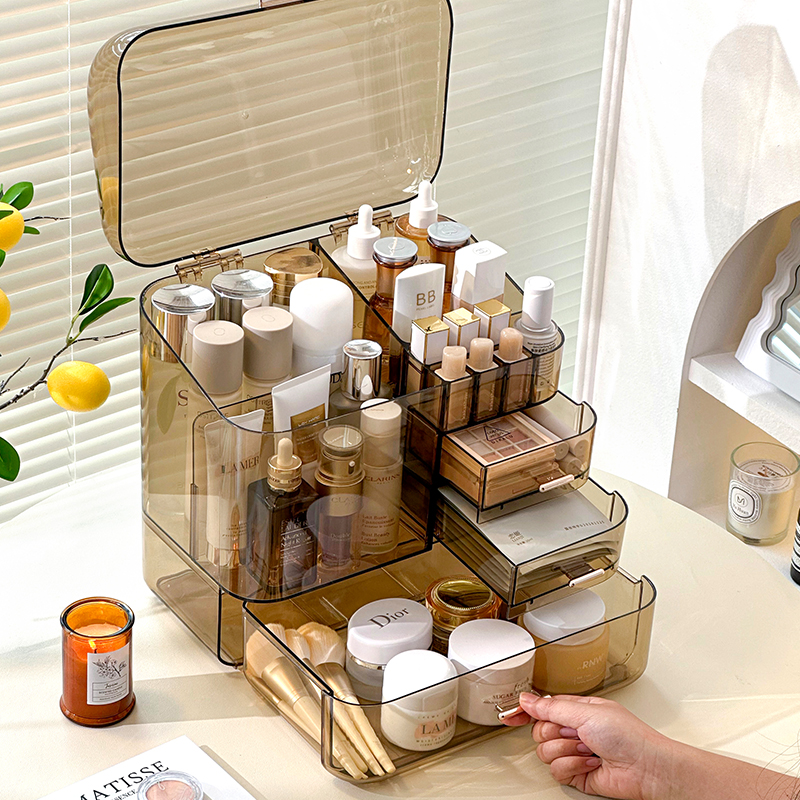 卧室化妆品收纳盒带盖梳妆台护肤品整理置物O架桌面防尘抽屉口红