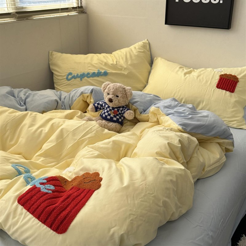 少女incs芝士蓝色双拼毛巾绣水洗棉四件套床单宿舍三件套被套床笠