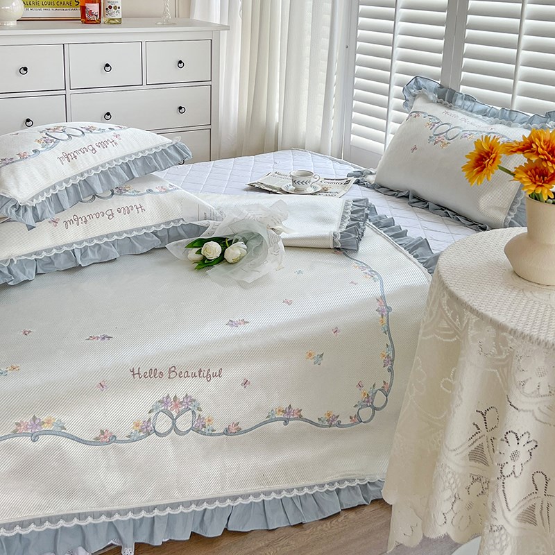 夏季公主风刺绣空调冰丝凉席可机水E洗蓝色小清新单双人凉感软席