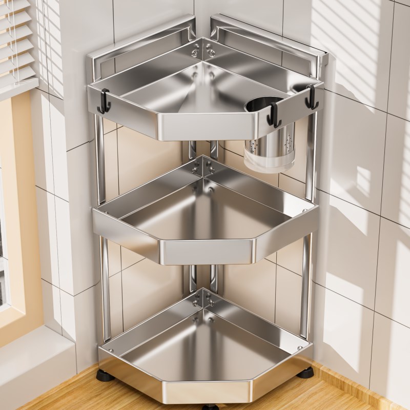 不锈钢厨房台g面置物架三角架转角收纳调料调味品落地多层墙角刀