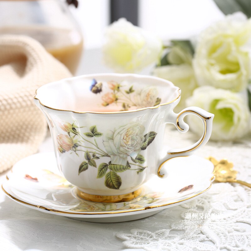 田园高档白玫瑰公主m杯骨瓷花茶杯欧式咖啡杯英式下午茶杯杯碟送