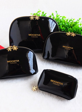 可携式收a纳整理女方洗漱化妆防水手包韩国黑色漆皮大小号容量包