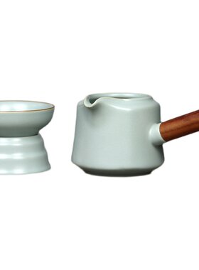 汝窑开片可养侧把公道杯陶瓷分茶器大F号公杯带茶滤茶漏一套装日