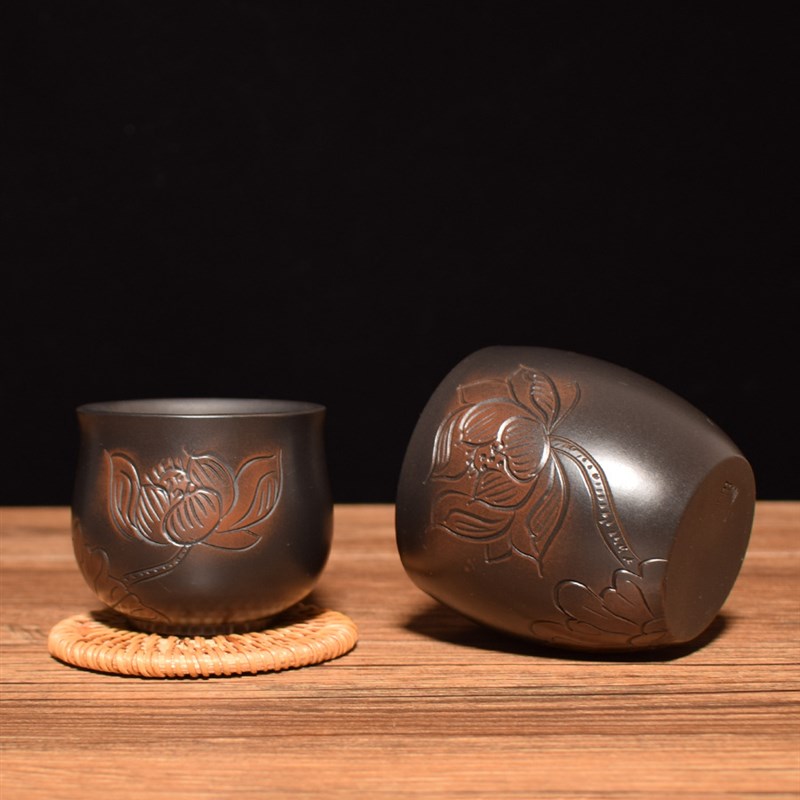 速发瓷南建水紫陶茶杯七分杯全手工浮雕主人品茗紫非陶云杯砂杯子