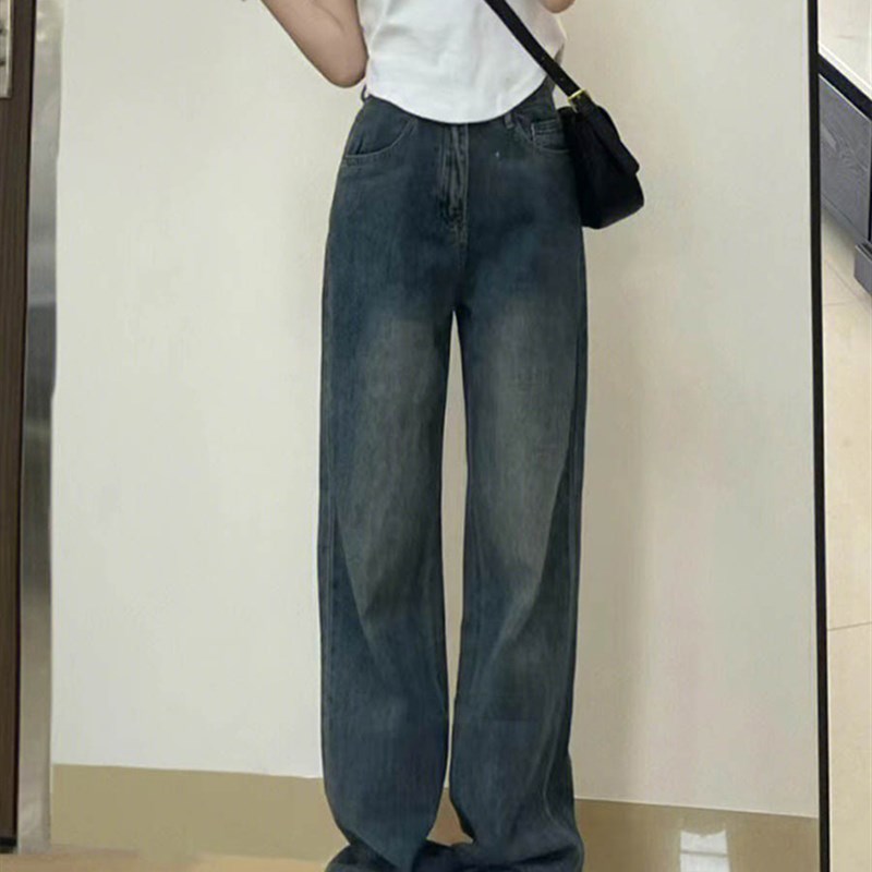 速发微胖穿搭复古牛仔裤春秋大码胖妹妹港风直筒遮胯宽松阔腿裤