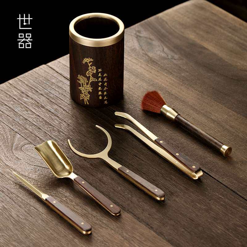 速发纯铜黑檀木功夫茶具配件套装茶勺养壶笔茶道6六君子茶刀泡茶
