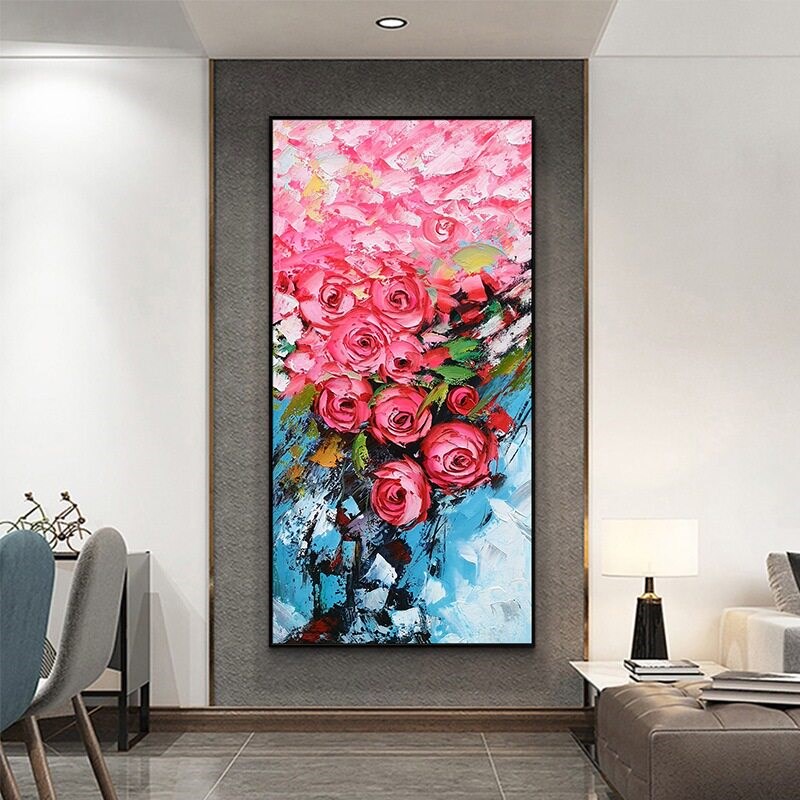 速发漫步春天手绘玄关油画现代北厅走廊装饰挂画竖玫瑰花餐厅壁画