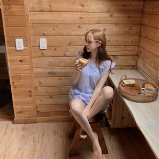 慢慢夏日 淡蓝色条纹家居服套装 上衣+短裤 可爱少女纯棉睡衣