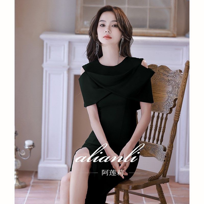 晚礼服女宴会气质轻奢小众高端高级感小个子缎面主持人黑色连衣裙