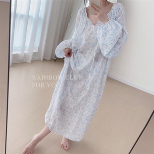 睡裙全棉双层纱婴儿棉简约线条兔兔清新阔版 四季 宽松加长家居服女