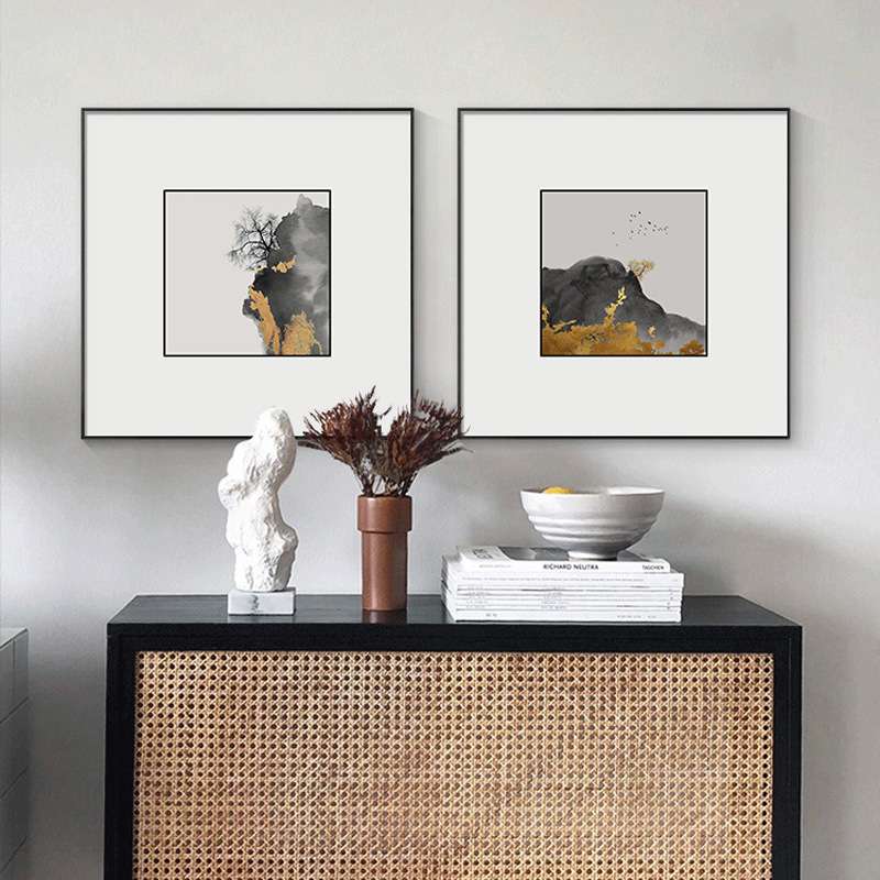 新中式书房装饰画禅意山水茶室背景墙挂画国风方形玄关入户壁画图片