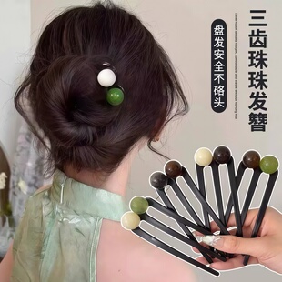 简约u型三齿珠珠发簪2026新款高端感日常通勤盘发发钗丸子头簪子