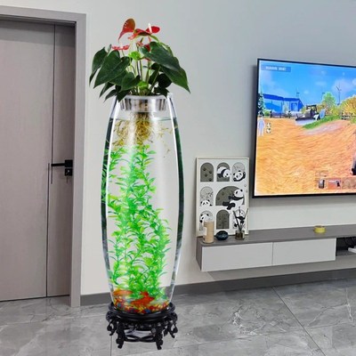速发圆柱形落地鱼缸带灯氧创意小型立式客厅家用电视柜旁摆玻璃缸