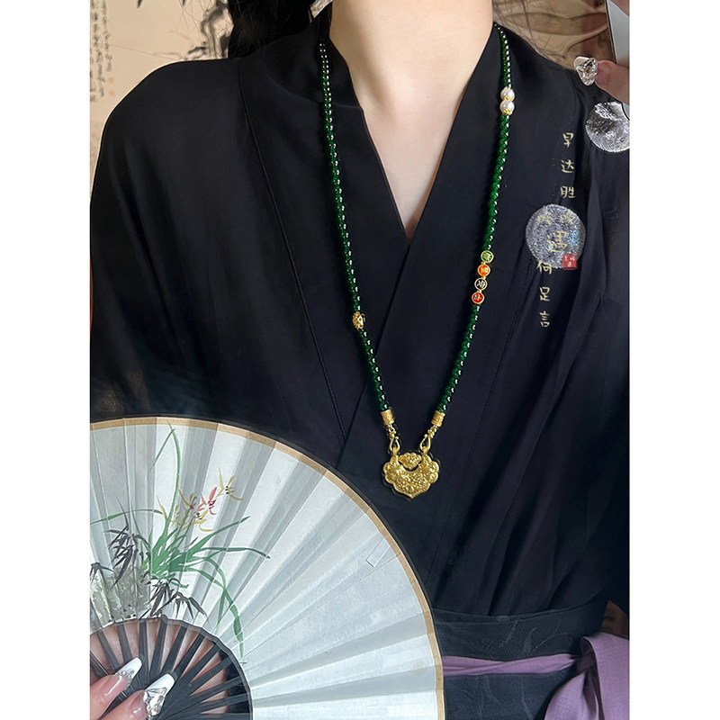 速发新中式平安锁吊坠绿玛瑙串珠项链女复古国风旗袍马面裙汉服配
