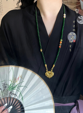 速发新中式平安锁吊坠绿玛瑙串珠项链女复古国风旗袍马面裙汉服配