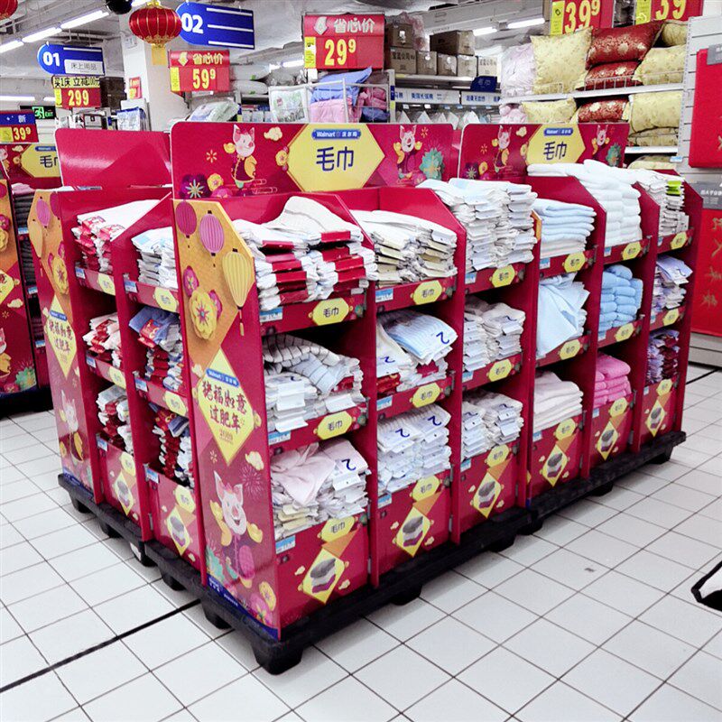 速发精品店超市货架单双面中岛文合组具店展示木四柱钢架货架