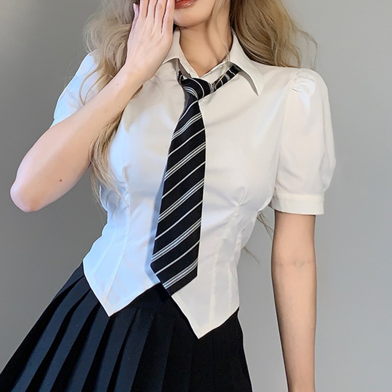 现货速发收腰不规则设计感甜美泡泡袖夏大码辣妹学院jk上衣