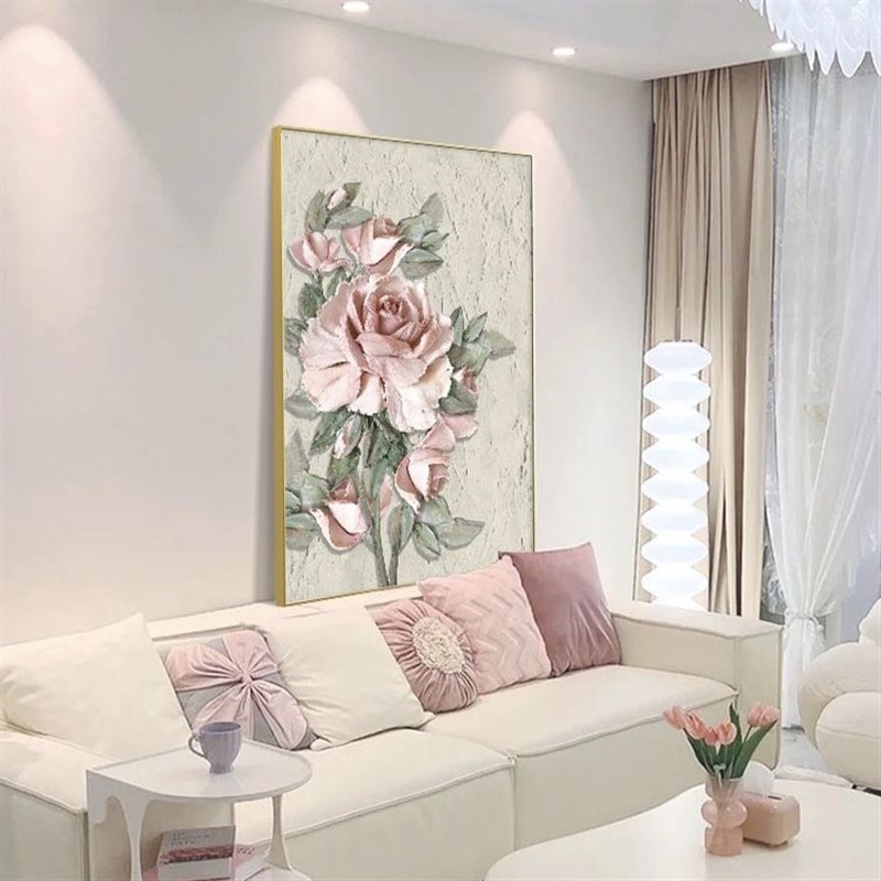 速发奶油风玫瑰花客厅装饰画花卉肌理玄关走廊壁画沙发背景墙挂画