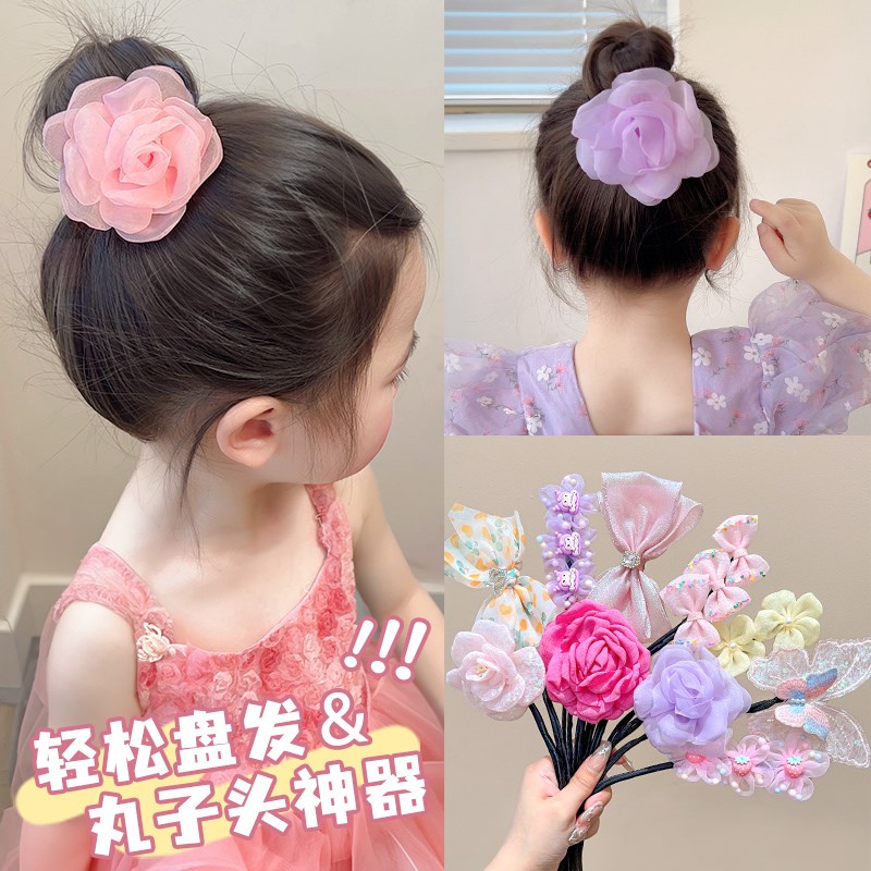 速发儿童懒人丸子头神器童夏花苞头盘发杆小孩可爱后脑勺花朵头饰