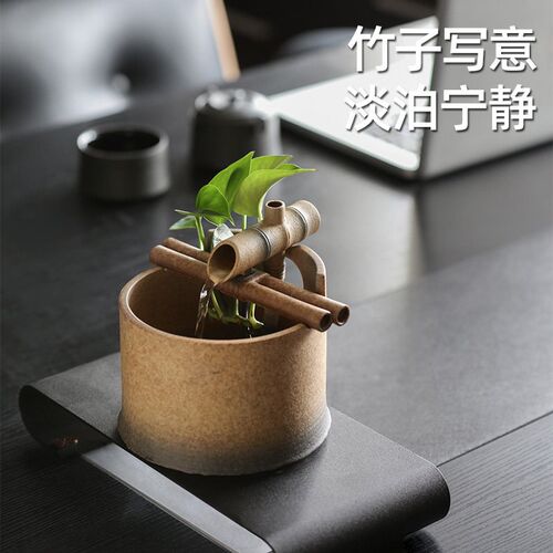 速发新款陶瓷水循环系统流水摆件招财办公桌装饰中式喷泉竹语流水