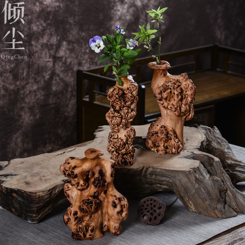 速发根雕花瓶 风化木摆件 黑果木雕刻摆件 创意装饰随形枯木花插