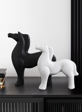 速发极简奢轻抽黑白风象马摆件书柜酒柜客厅样板房间家居软装饰品