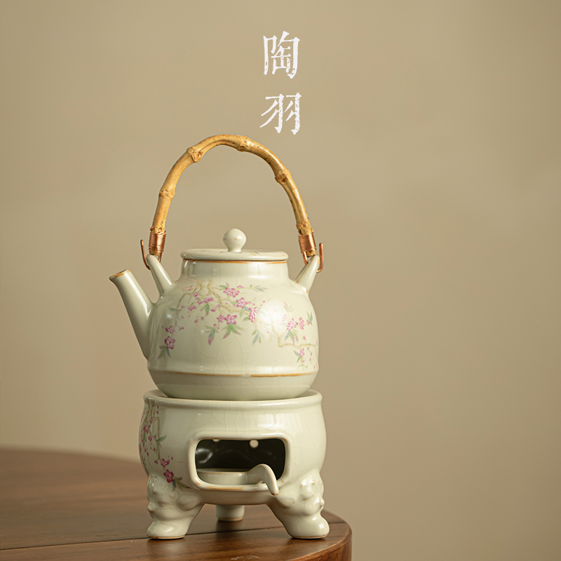 米黄汝窑开片可养提梁壶家用办公暖D茶器温茶炉煮茶套装功夫泡茶