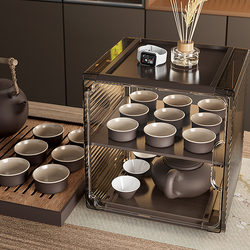 茶具收纳盒透明放功夫茶杯茶壶杯架酒杯防M尘杯子收纳架置物架子
