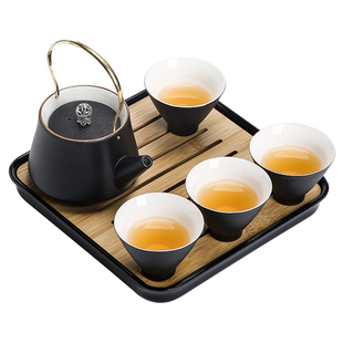 日式 干泡茶盘茶海陶 复古黑陶提梁壶功夫茶具套装 小套G家用储水式
