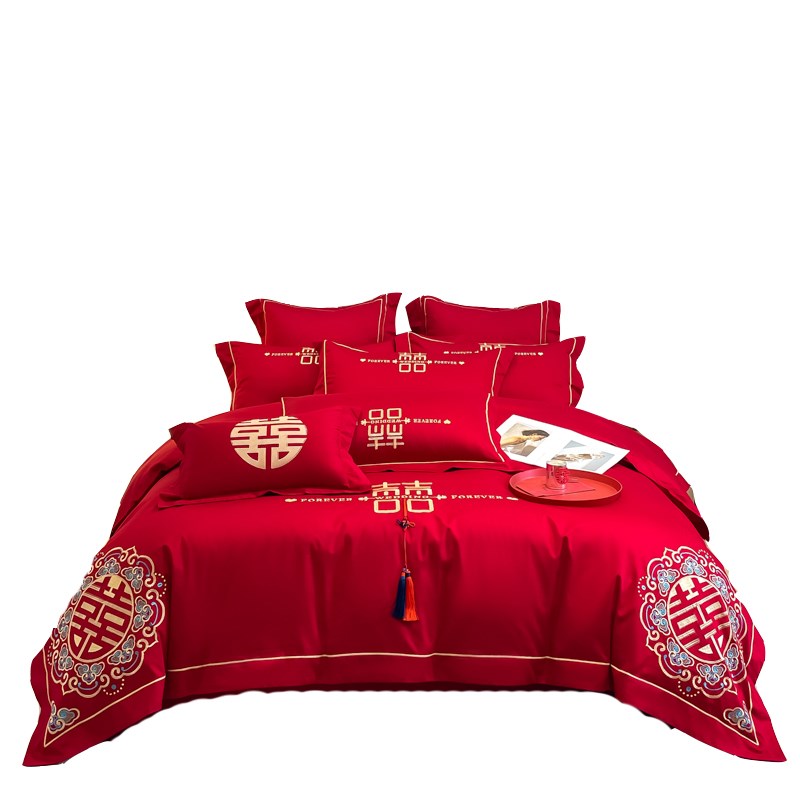 140支公主风g长绒棉结婚四件套红色高档纯棉床单婚庆陪嫁床上用品