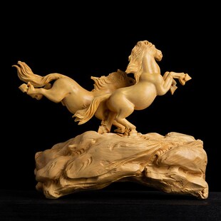 黄杨木雕实木创意客厅装s饰雕刻手工艺品生肖马吉祥物摆件双马腾