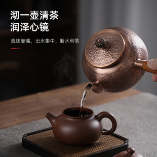 高端铜壶烧水煮茶器泡茶壶 手工锤纹紫铜侧把煮水壶电陶炉家用日式