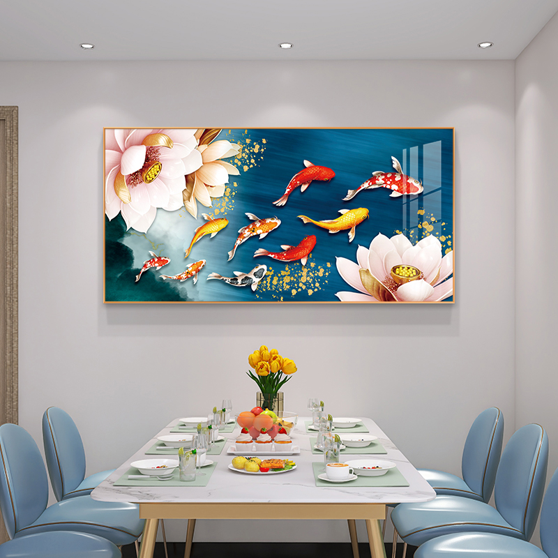餐厅墙面装饰画歺厅客厅背景墙挂画饭厅餐桌轻奢高级感九鱼图壁画
