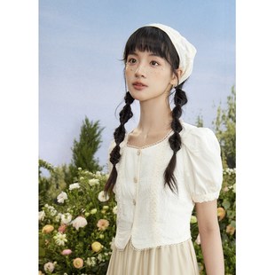 紫涵方领短袖 森系甜美休闲米色绣花收腰中长裙子 连衣裙女夏季 新款