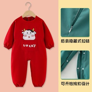 宝宝连体罩衣爬行服婴儿一体式护衣儿童秋冬季全身防水防脏爬爬服