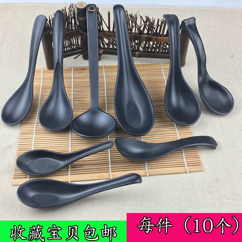 仿陶瓷黑色磨砂勺子圆头长柄带钩勺子拉面大汤加厚勺塑料汤匙商用图片