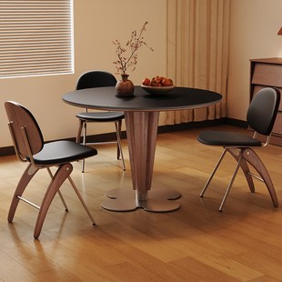 实木餐桌圆桌家用小户型洽谈1米2圆形意式轻奢黑色中古风岩板餐桌