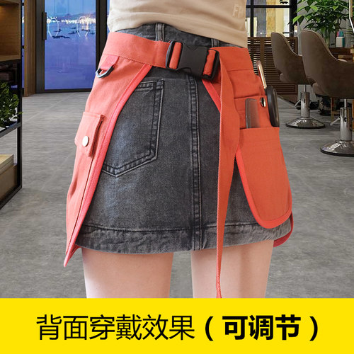 化妆师短款女围裙定制帆布多口袋半身男工作服理发店匠人木工围腰