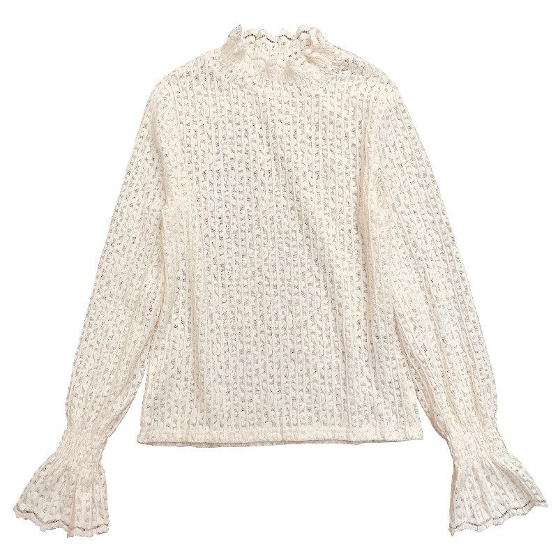 半高领磨毛加绒蕾丝打底衫女2024新款喇叭袖毛衣内搭小衫网纱上衣,女装/女士精品,蕾丝衫/雪纺衫,淘宝优惠券,粉丝福利购,淘宝优惠卷